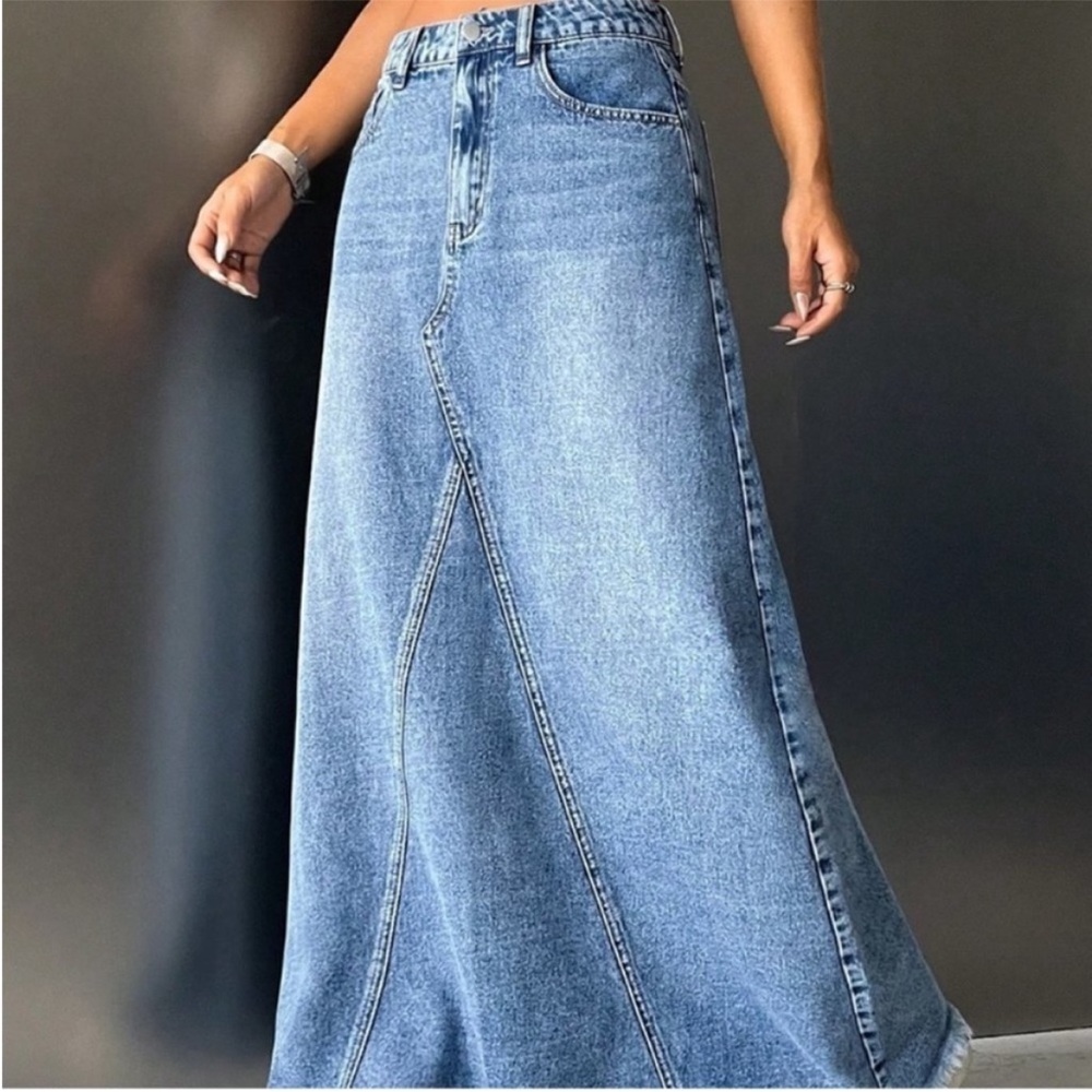 Boho blue denim high waisted maxi skirt - Picture 2 of 6